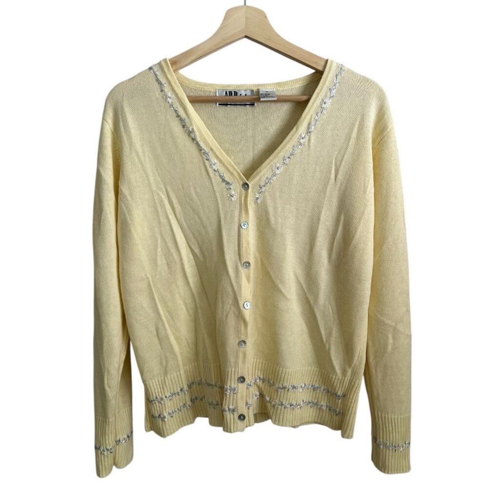 Vintage Womens Dainty‎ Cottagecore Floral Embroidered Cardigan Butter Yellow M